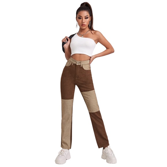 NWT SHEIN Brown Color Block Patch Jeans Size 2 Extra Small - Picture 1 of 9